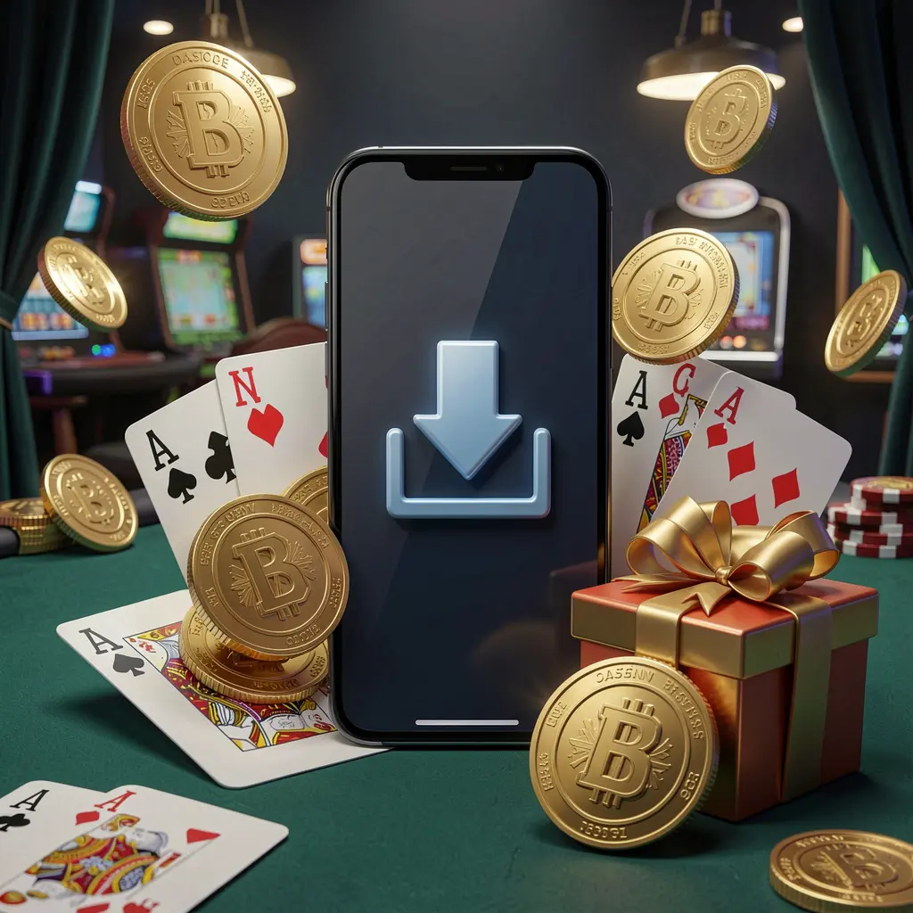 AR188 casino app download concept with a smartphone showing a download icon surrounded by golden coins, a gift box, and playing cards in a modern mobile gaming atmosphere