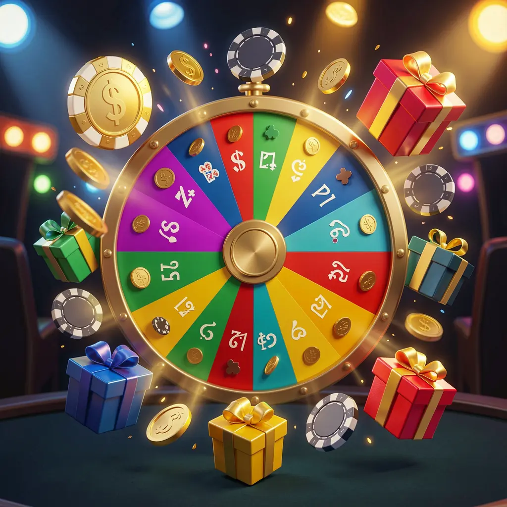 AR188 online casino bonus wheel with colorful prize wheel surrounded by golden coins, chips, and gift boxes, glowing casino lights creating an exciting jackpot atmosphere on a dark background