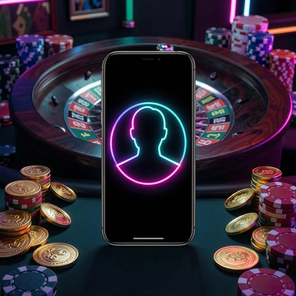 AR188 online casino login hero image featuring a modern phone with a glowing profile icon, roulette lights in the background, golden coins and poker chips, set in a premium dark neon atmosphere