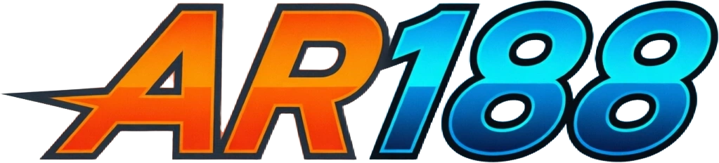 Dynamic sports-style AR188 logo with sharp shapes and motion effect, featuring bold readable letters and an energetic brand identity on a transparent background, designed as a wide horizontal rectangular wordmark for website headers