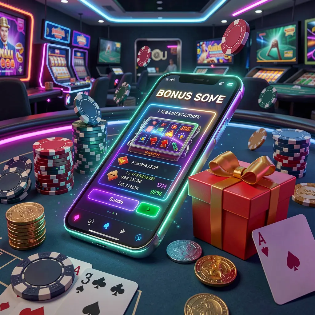 Modern casino website hero scene featuring a smartphone with a glowing interface surrounded by bonus gift box, chips, coins, and playing cards in premium neon casino style, highlighting AR188's responsible gaming experience
